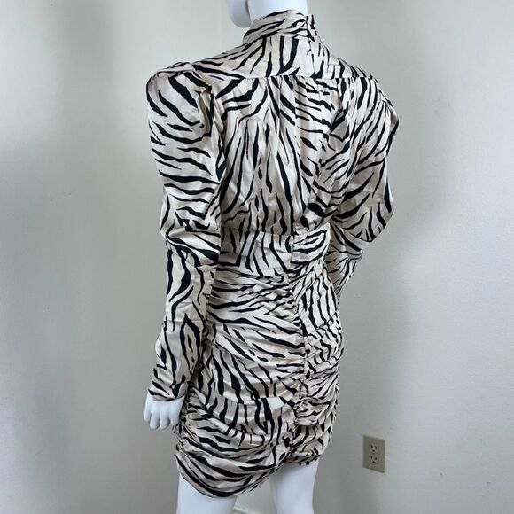 Bardot Women Size 10 Beige Animal Print Puff Sleeve Ruched Mini NEW Dress Party - Picture 5 of 16